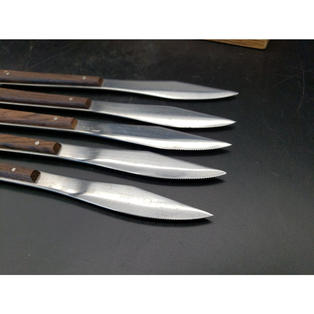 Vintage Mid Century Modern MCM 5 Wood Handle Steak Knife Set - Picture 12 of 12